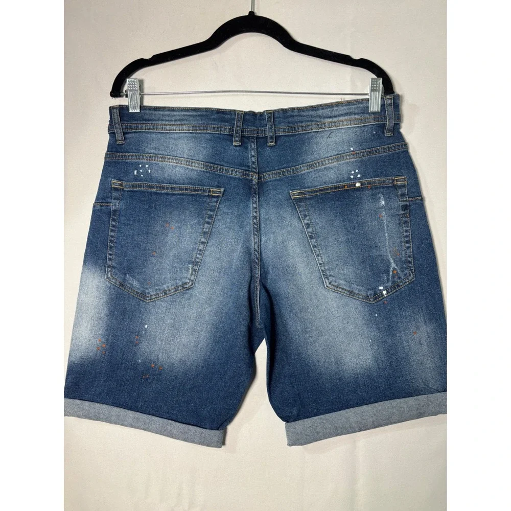 Smog Denim Mens Distressed Paint Splatter‎ Jean Shorts Blue Size L Cuffed Street